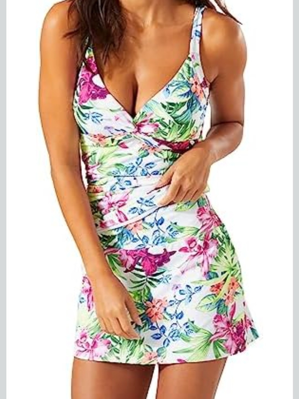 Floral Tankini In White/Pink V-Neck Adjustable Straps Swim Skirt Bottom Size L